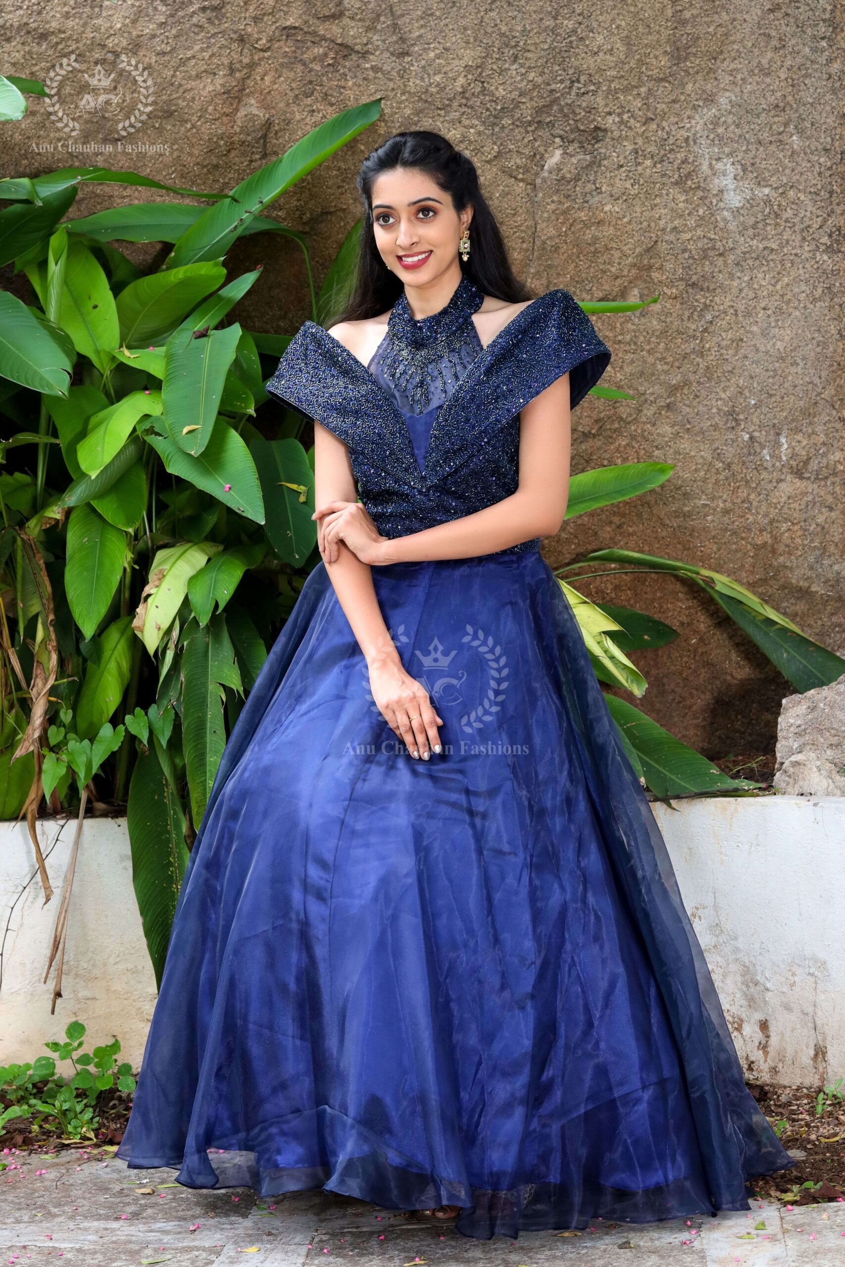 Navy Blue Floral Print Indo Western Style Floor Length Anarkali Gown –  Seasons Chennai